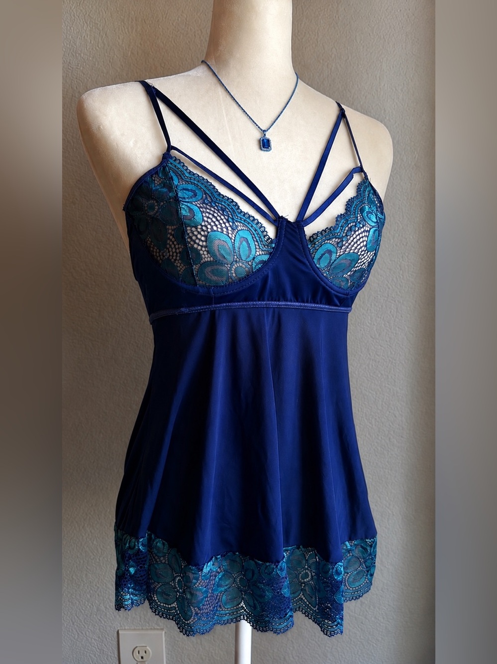 ICollection Navy Blue & Teal Lace Babydoll Chemise Lingerie Nightgown Size S
